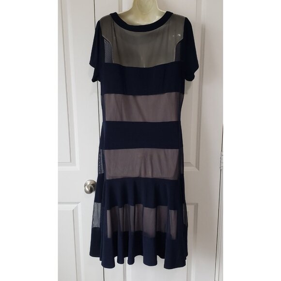 R&M Richards Woman A-line Flare Dress Black Tan Short Slv Partial Sheer Sz 14W - Picture 3 of 6